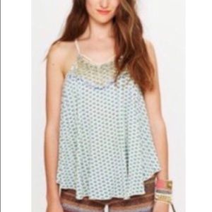 FP ONE Gem Beaded Fringe Swing Tank Top Print Pattern, Size XS, Marigold Pattern